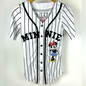 Disney White and Black Minnie Mouse Button Down Jersey Top